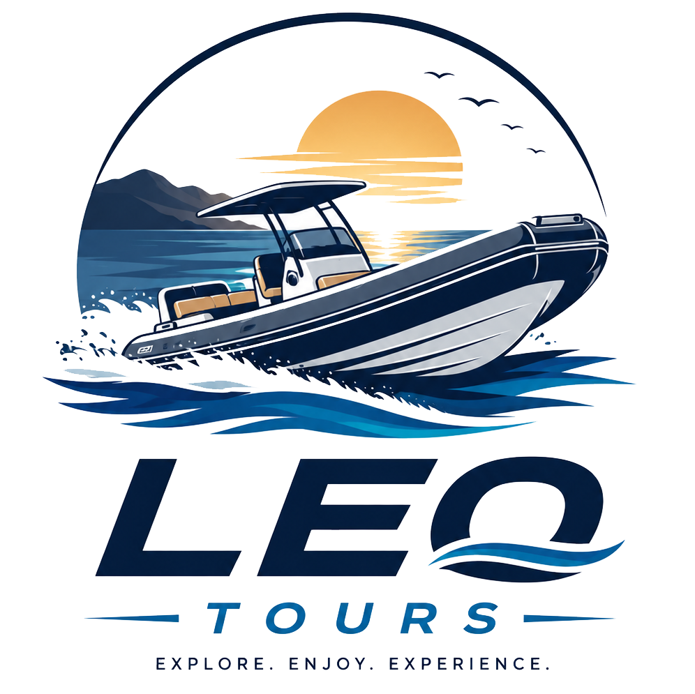 Logo for Leo Tours: a speedboat skimming blue waves at sunset with mountains in the background.